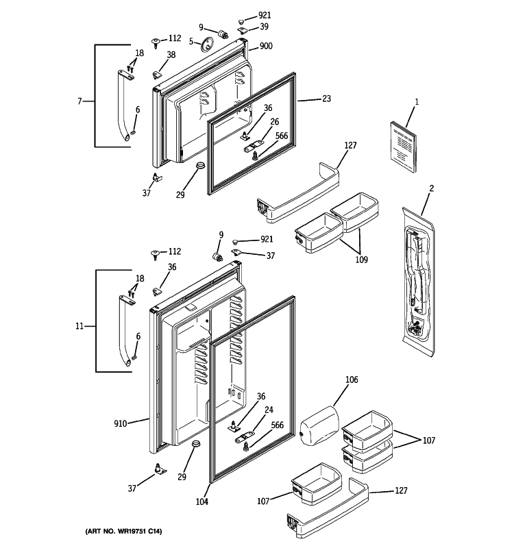 DOORS Diagram and Parts List for GTH18SBXCRSS  General Electric Refrigerator