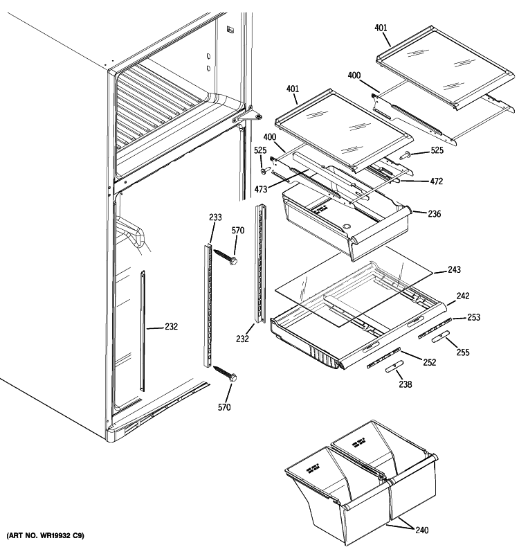 FRESH FOOD SHELVES Diagram and Parts List for GTH18SBXCRSS  General Electric Refrigerator