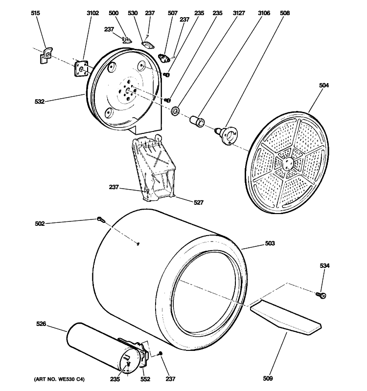 DRUM Diagram and Parts List for DBXR463PG7CC  General Electric Dryer