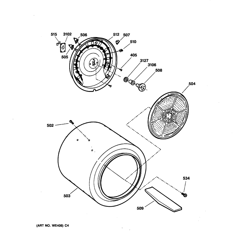 DRUM Diagram and Parts List for DISR473CG6WW  General Electric Dryer