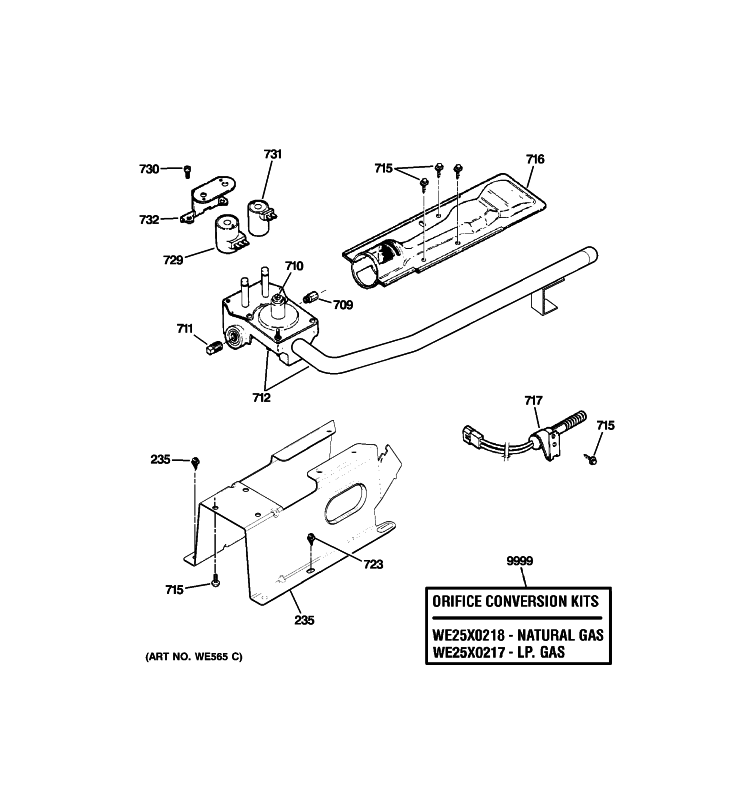 GAS VALVE & BURNER ASSEMBLY Diagram and Parts List for DNCK440GG8WC  General Electric Dryer