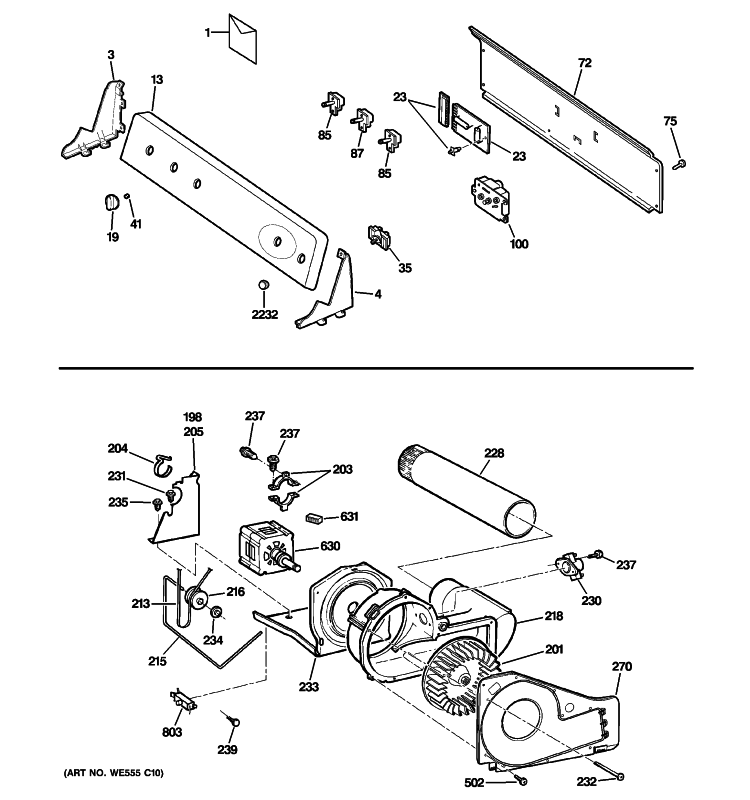 BACKSPLASH, BLOWER & MOTOR ASSEMBLY Diagram and Parts List for DRSR495EG8WW  General Electric Dryer