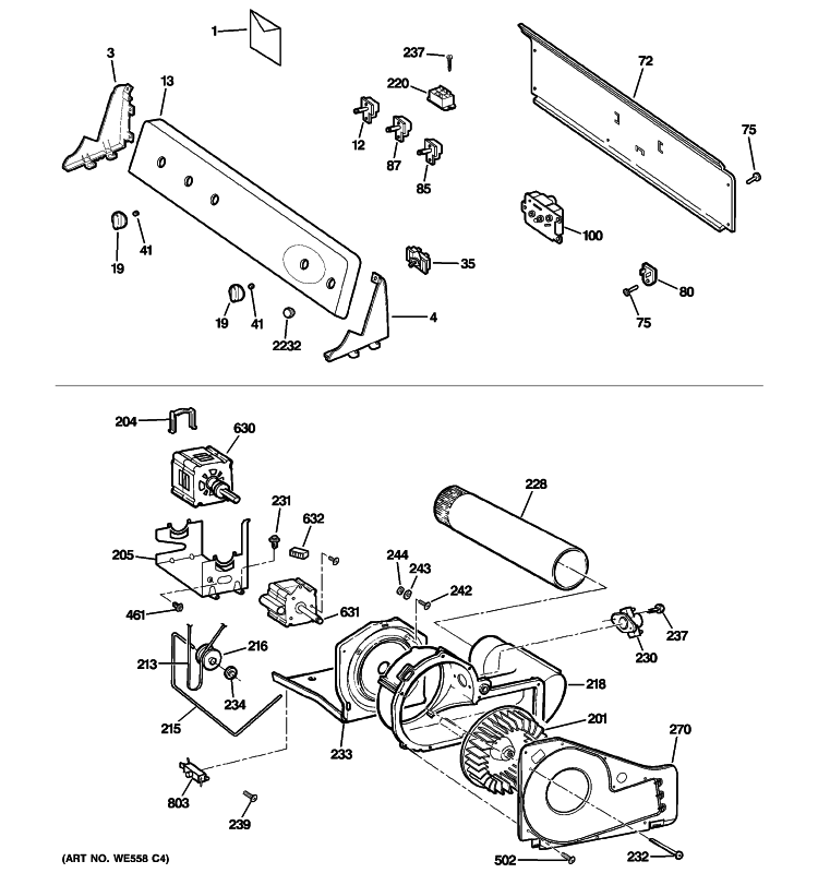 BACKSPLASH, BLOWER & MOTOR ASSEMBLY Diagram and Parts List for DSLVR48EH4WW  General Electric Dryer