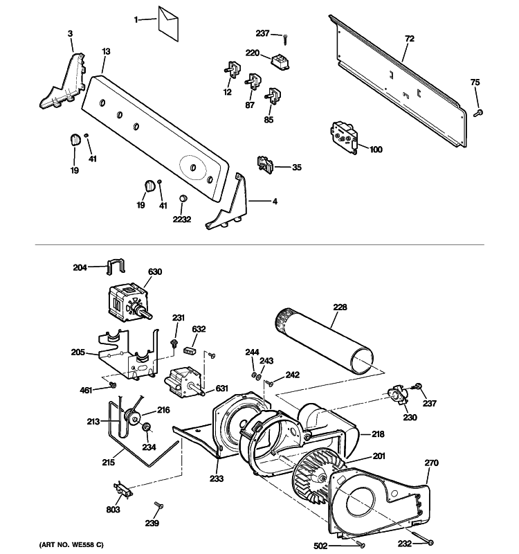 BACKSPLASH, BLOWER & MOTOR ASSEMBLY Diagram and Parts List for DSLVR48GH5WW  General Electric Dryer