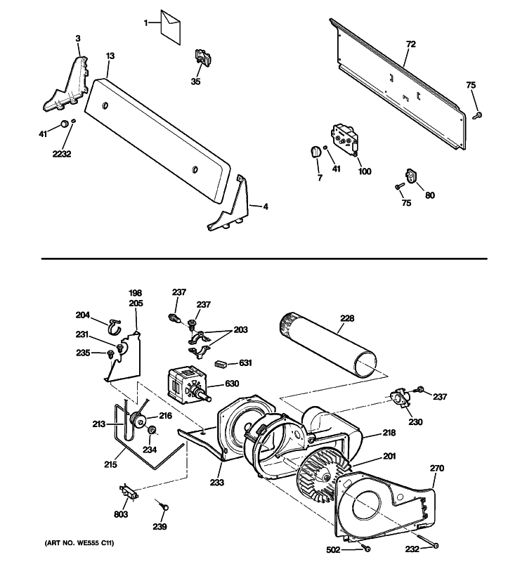 BACKSPLASH, BLOWER & MOTOR ASSEMBLY Diagram and Parts List for DVLR223EG7WW  General Electric Dryer