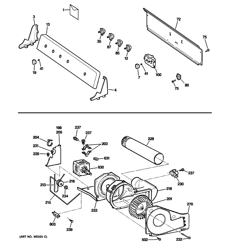BACKSPLASH, BLOWER & MOTOR ASSEMBLY Diagram and Parts List for DWSR483EG9WW  General Electric Dryer