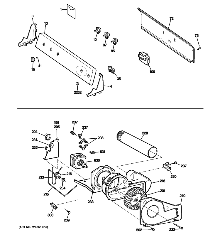 BACKSPLASH, BLOWER & MOTOR ASSEMBLY Diagram and Parts List for EGD5600G8WW  General Electric Dryer