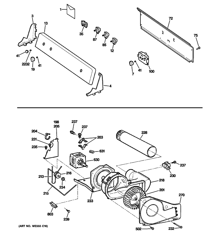 BACKSPLASH, BLOWER & MOTOR ASSEMBLY Diagram and Parts List for NWXR483GGAWW  Hotpoint Dryer