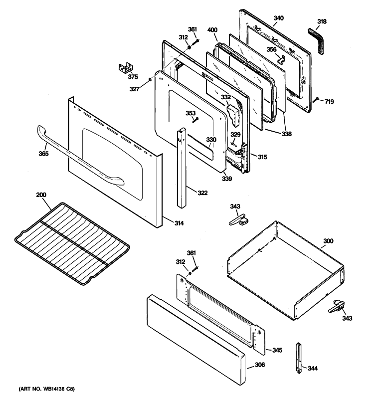 DOOR & DRAWER PARTS Diagram and Parts List for JGB810SEP2SS  General Electric Range