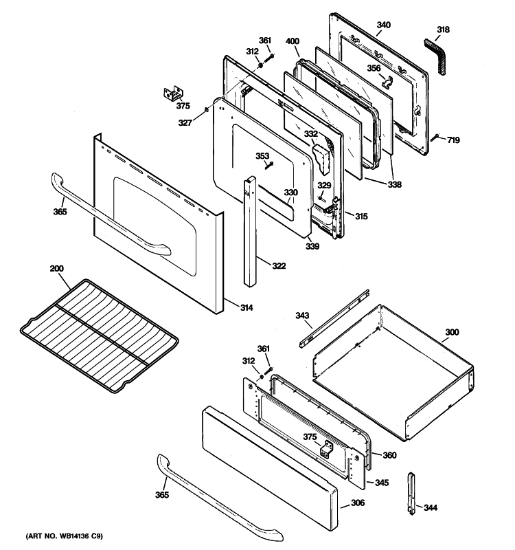 DOOR & DRAWER PARTS Diagram and Parts List for JGB820SEP1SS  General Electric Range
