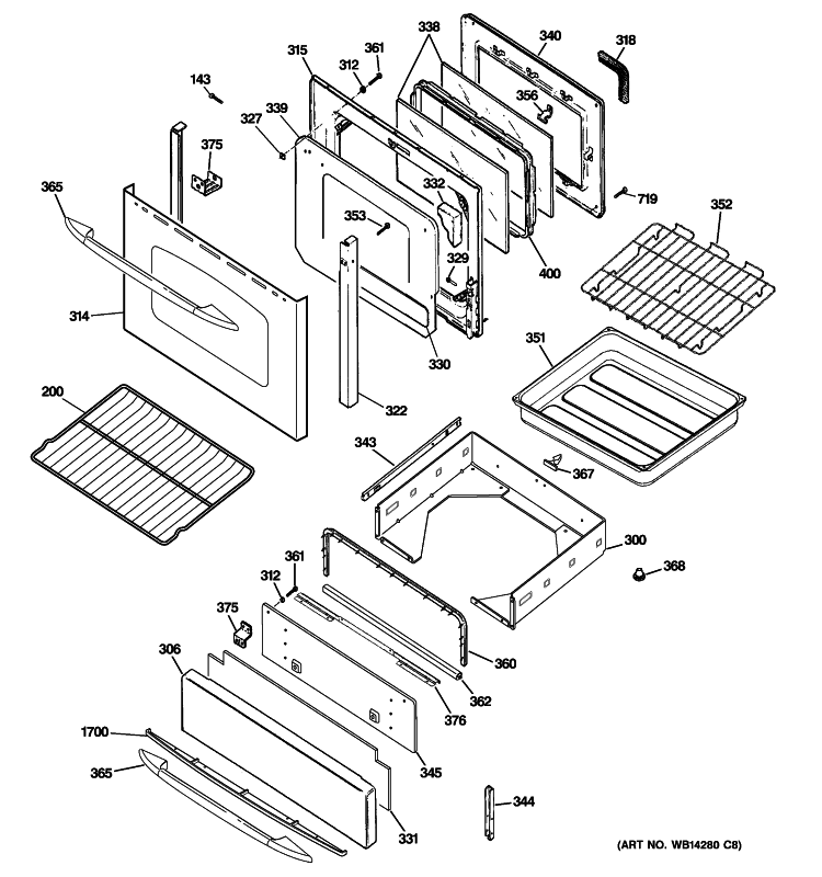 DOOR & DRAWER PARTS Diagram and Parts List for JGB900SEP2SS  General Electric Range