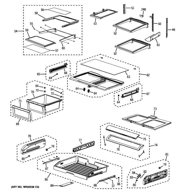 FRESH FOOD SHELVES Diagram and Parts List for PFSF6PKWBBB  General Electric Refrigerator