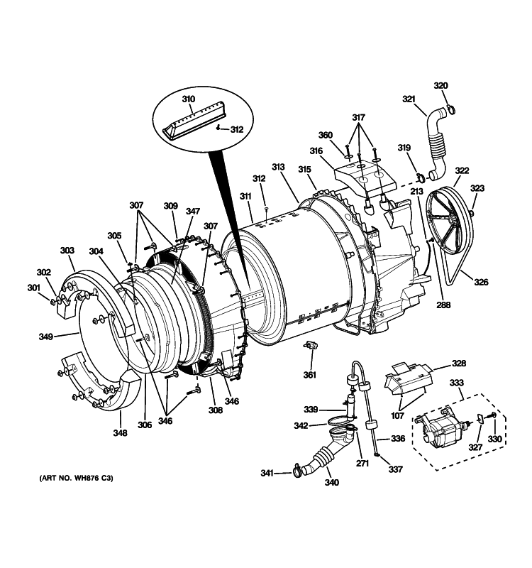 TUB & MOTOR Diagram and Parts List for WBVH5200J1WW  General Electric Washer