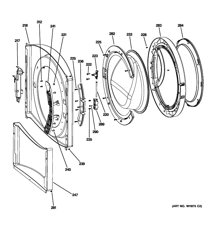 FRONT PANEL & DOOR Diagram and Parts List for WBVH5200J3WW  General Electric Washer