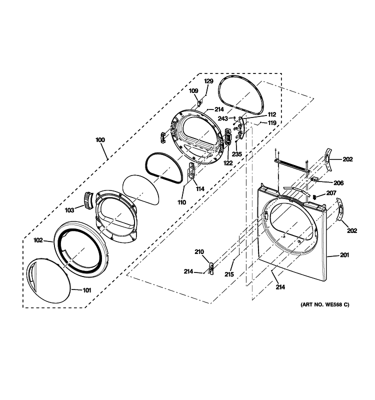 FRONT PANEL & DOOR Diagram and Parts List for DCVH485EK0MS  General Electric Dryer