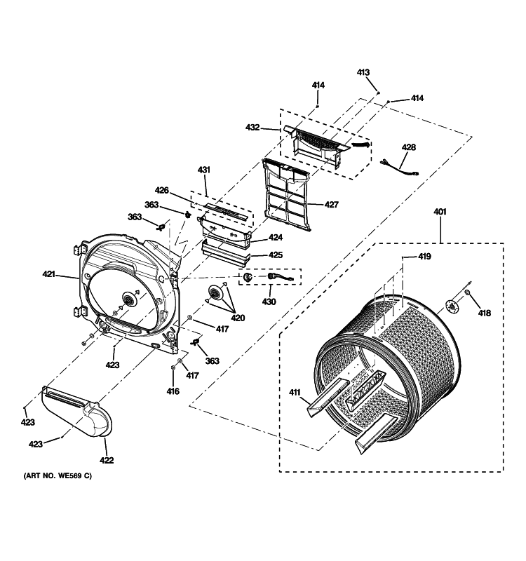 DRUM Diagram and Parts List for DCVH485EK0MS  General Electric Dryer