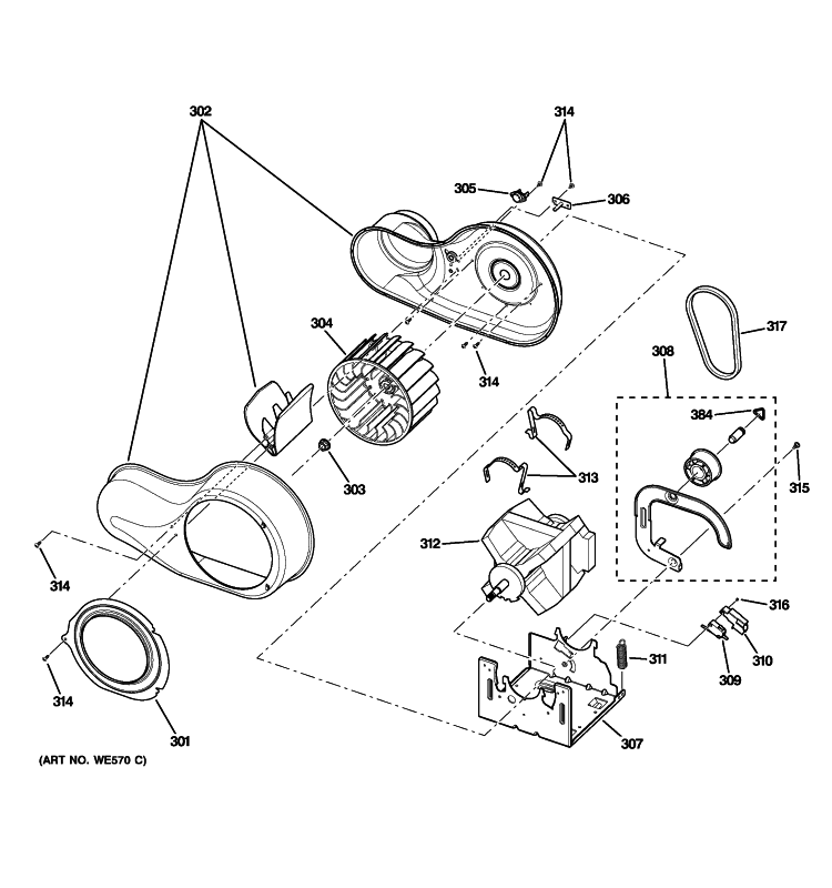 MOTOR & BLOWER Diagram and Parts List for DCVH485EK0MS  General Electric Dryer