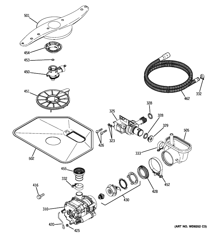 MOTOR-PUMP MECHANISM Diagram and Parts List for GLD4209L25BB  General Electric Dishwasher