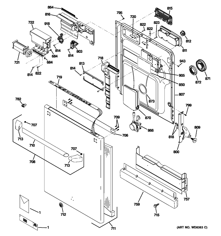 ESCUTCHEON & DOOR ASSEMBLY Diagram and Parts List for CDWT980R10SS  General Electric Dishwasher