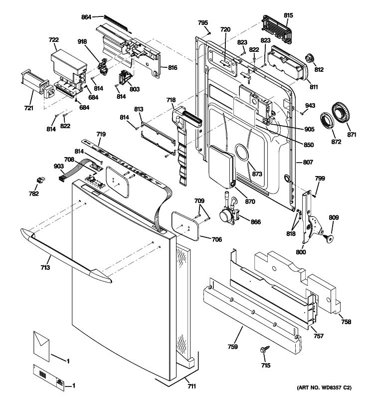 ESCUTCHEON & DOOR ASSEMBLY Diagram and Parts List for PDWT500R10WW  General Electric Dishwasher