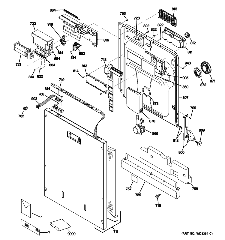 ESCUTCHEON & DOOR ASSEMBLY Diagram and Parts List for PDWT502R10II  General Electric Dishwasher