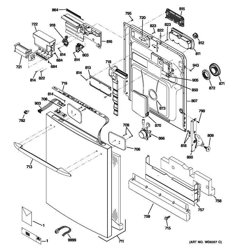 ESCUTCHEON & DOOR ASSEMBLY Diagram and Parts List for PDWT585T10SS  General Electric Dishwasher
