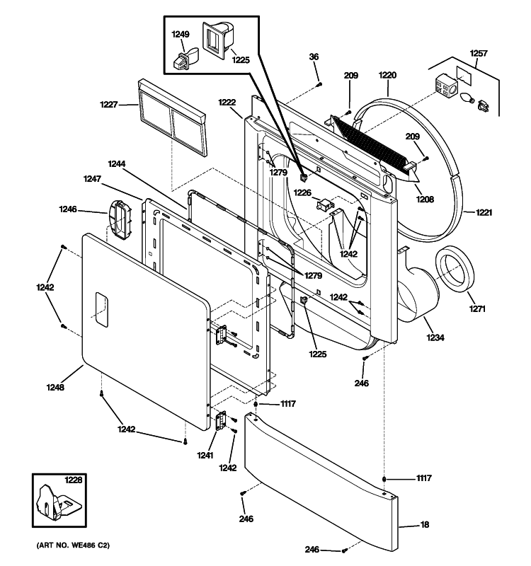 FRONT PANEL & DOOR Diagram and Parts List for DSXH47GG3WW  General Electric Dryer