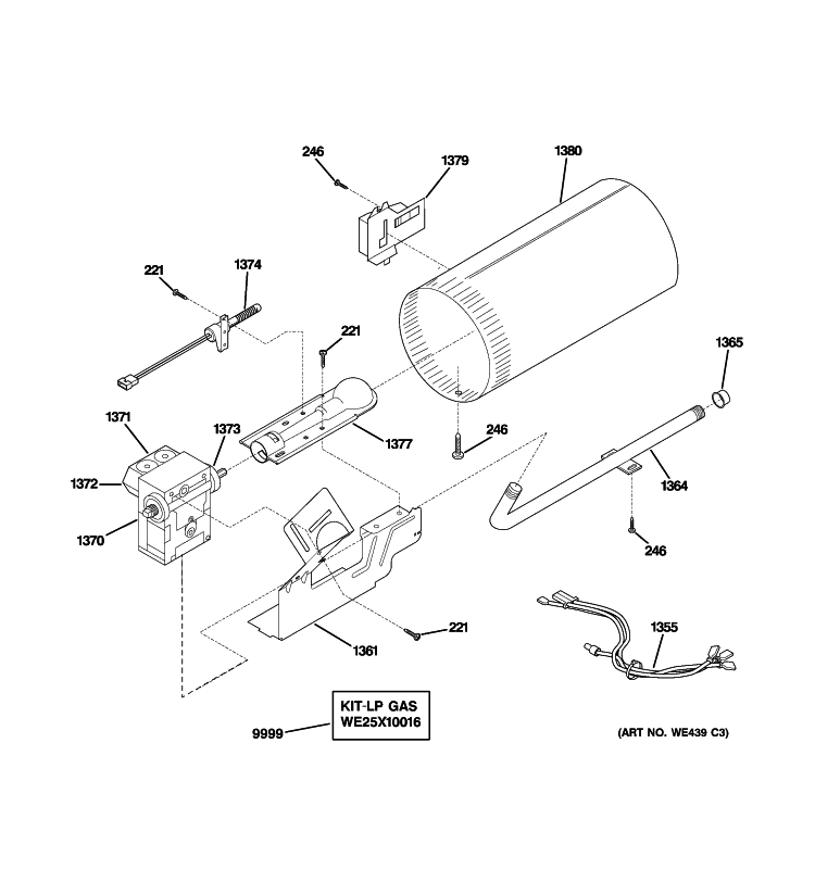 BURNER Diagram and Parts List for DSXH47GG3WW  General Electric Dryer
