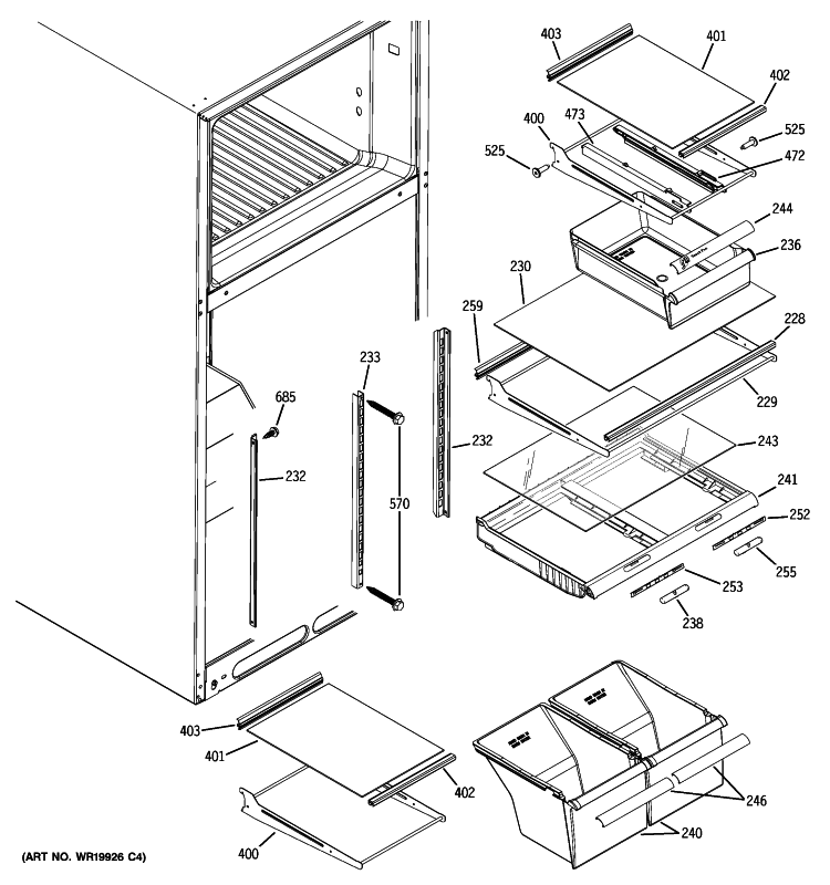 FRESH FOOD SHELVES Diagram and Parts List for DTH18ZBXARWW  General Electric Refrigerator