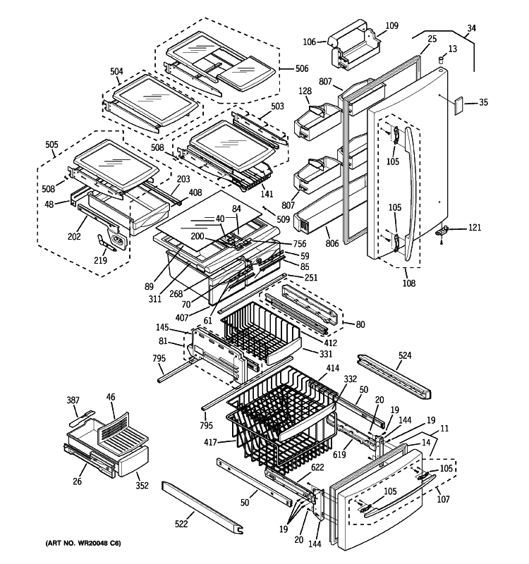 DOORS & SHELVES Diagram and Parts List for PDS22SFSDRSS  General Electric Refrigerator
