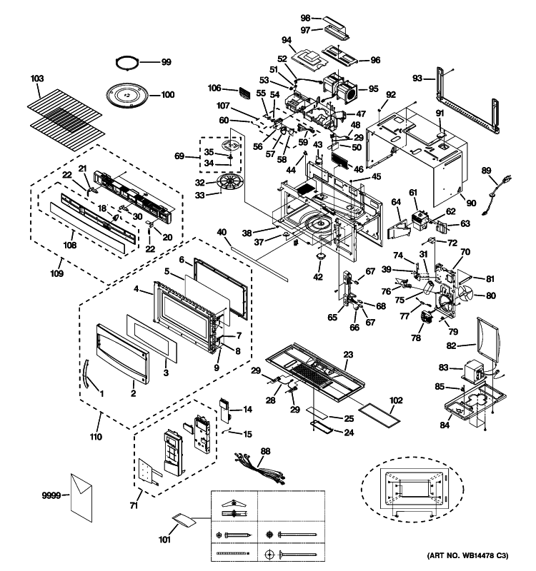 MICROWAVE Diagram and Parts List for PVM1870DM3WW  General Electric Microwave