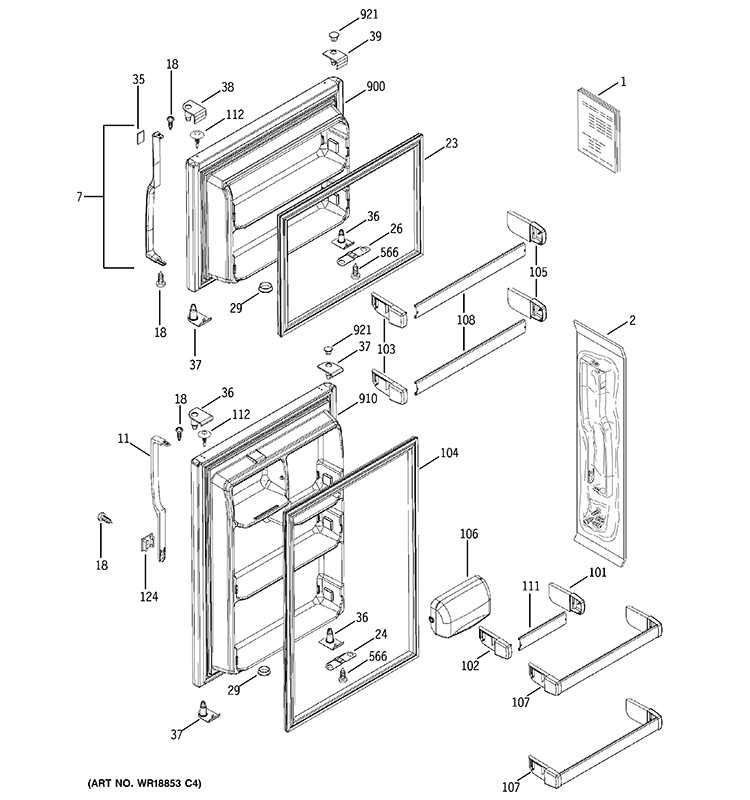 DOORS Diagram and Parts List for GTS18IBRBRWW  General Electric Refrigerator