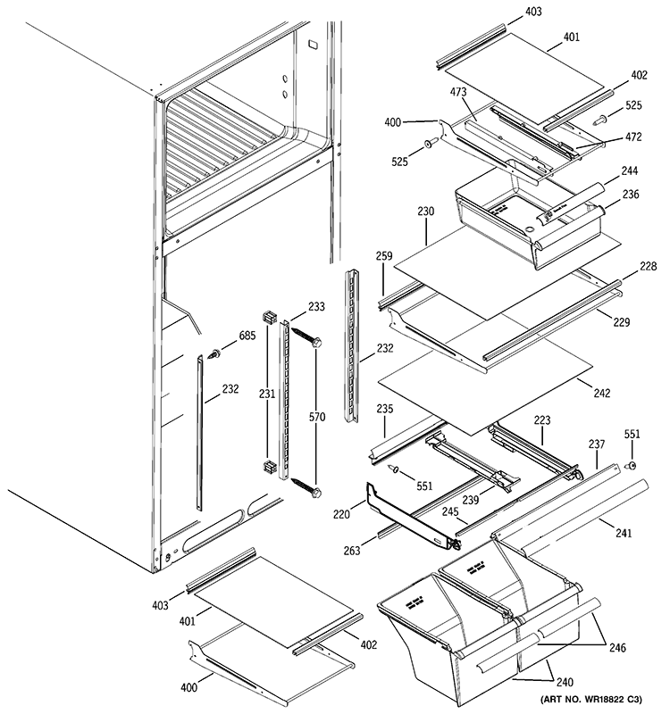 FRESH FOOD SHELVES Diagram and Parts List for GTS18IBRBRWW  General Electric Refrigerator