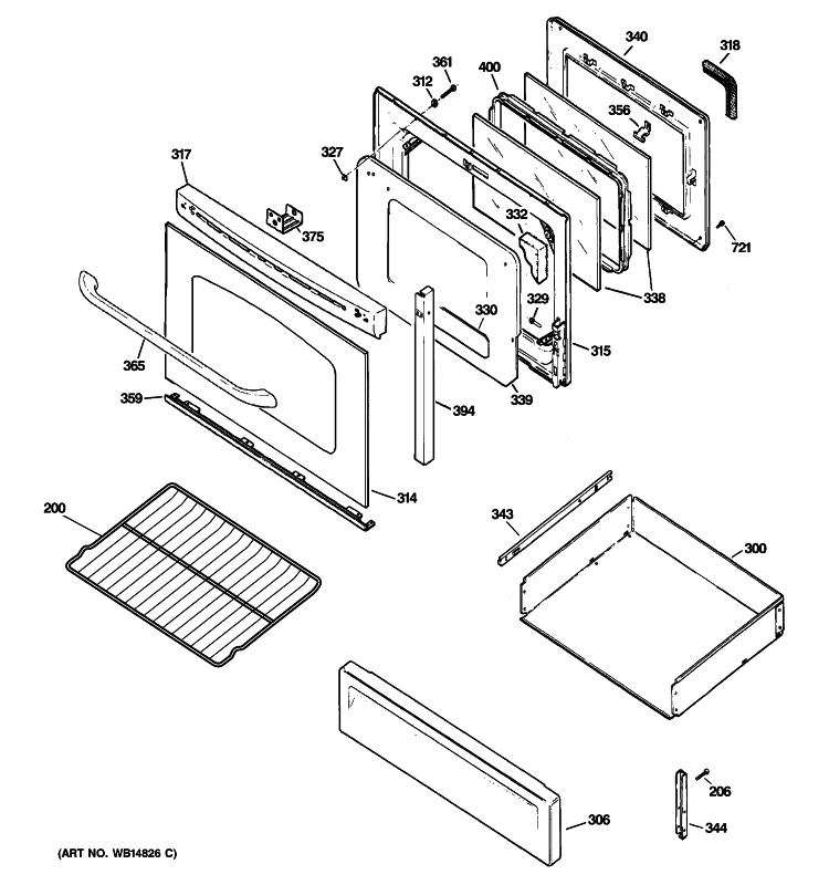 DOOR & DRAWER PARTS Diagram and Parts List for JGB400DEP2BB  General Electric Range