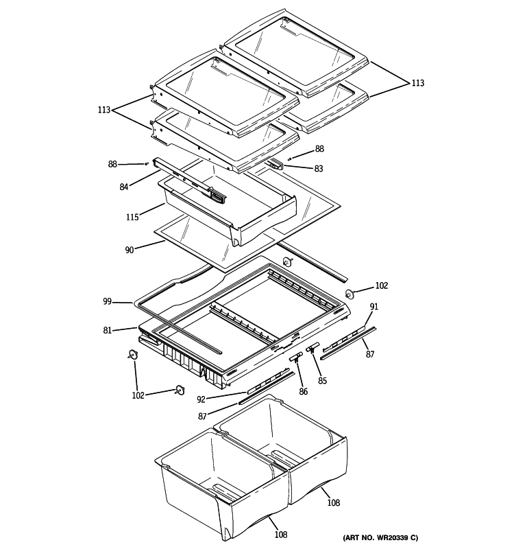 FRESH FOOD SHELVES Diagram and Parts List for GFSF2KEYABB  General Electric Refrigerator
