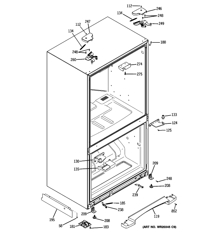 CASE PARTS Diagram and Parts List for GFSF2KEYABB  General Electric Refrigerator