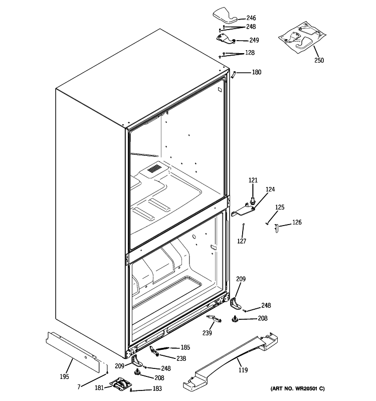 CASE PARTS Diagram and Parts List for PDSF0MFXBRCC  General Electric Refrigerator