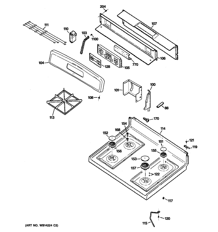 CONTROL PANEL & COOKTOP Diagram and Parts List for JGB290MEN4BS  General Electric Range
