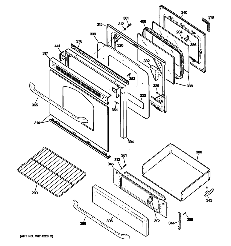 DOOR & DRAWER PARTS Diagram and Parts List for JGB290SEN4SS  General Electric Range