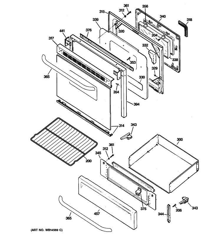 DOOR & DRAWER PARTS Diagram and Parts List for JGBP25SEN6SS  General Electric Range