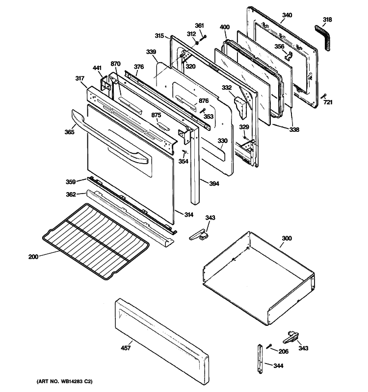 DOOR & DRAWER PARTS Diagram and Parts List for JGBP27DEM5WW  General Electric Range