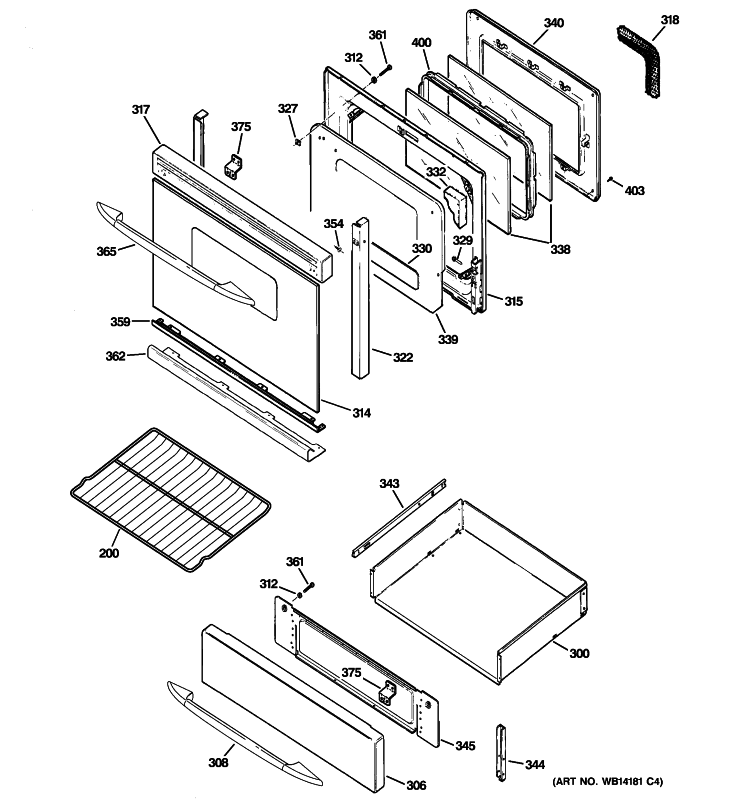 DOOR & DRAWER PARTS Diagram and Parts List for PGB900DEM5BB  General Electric Range
