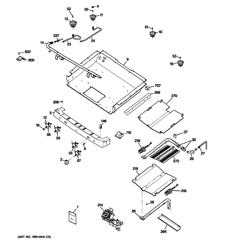 GAS & BURNER PARTS Diagram and Parts List for PGB900SEM5SS  General Electric Range