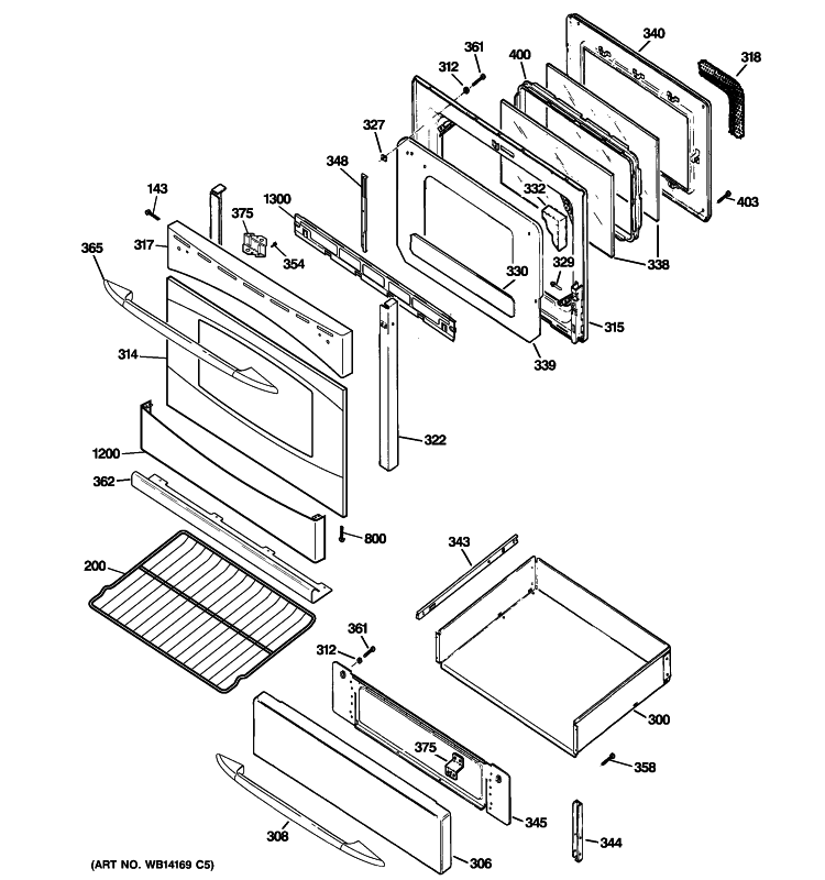 DOOR & DRAWER PARTS Diagram and Parts List for PGB900SEM5SS  General Electric Range