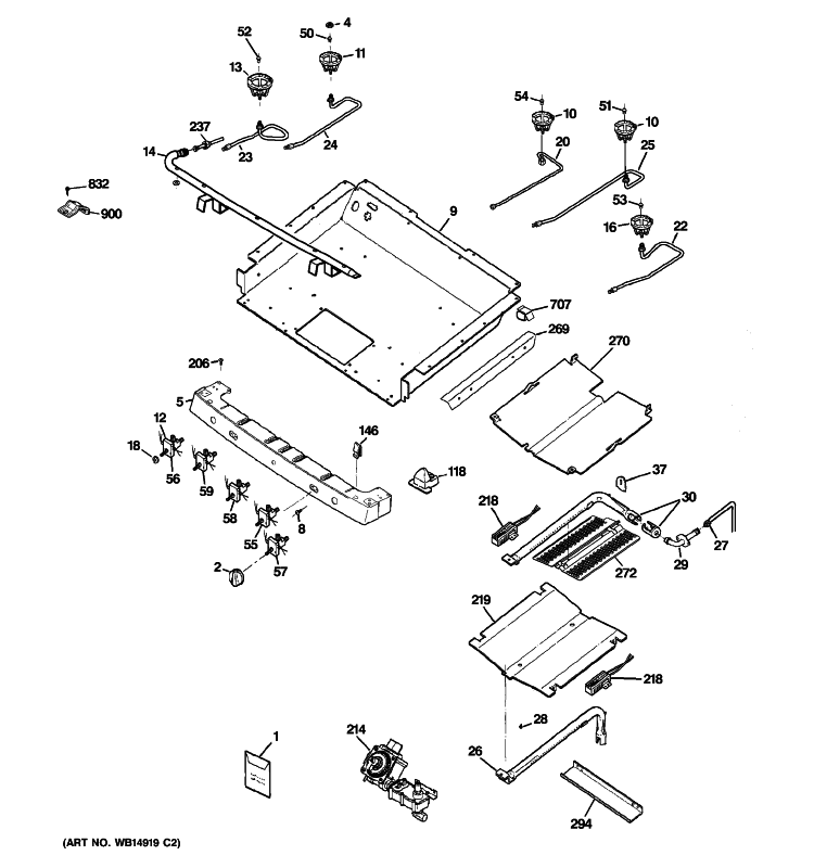GAS & BURNER PARTS Diagram and Parts List for PGB908DEM4WW  General Electric Range