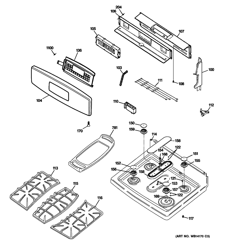 CONTROL PANEL & COOKTOP Diagram and Parts List for PGB908DEM4WW  General Electric Range