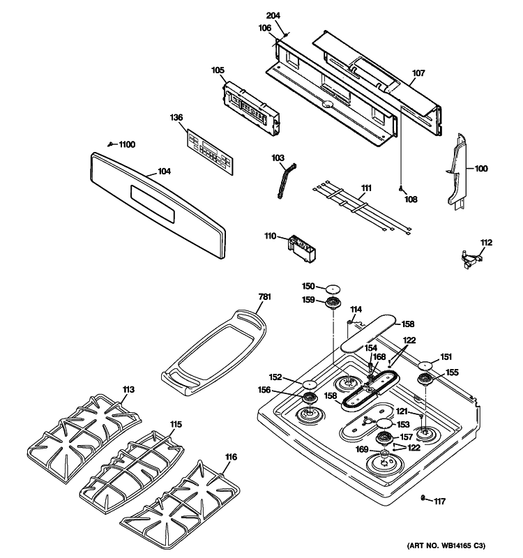 CONTROL PANEL & COOKTOP Diagram and Parts List for PGB908SEM4SS  General Electric Range