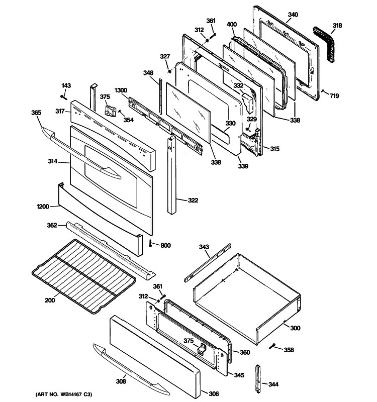 DOOR & DRAWER PARTS Diagram and Parts List for PGB908SEM4SS  General Electric Range