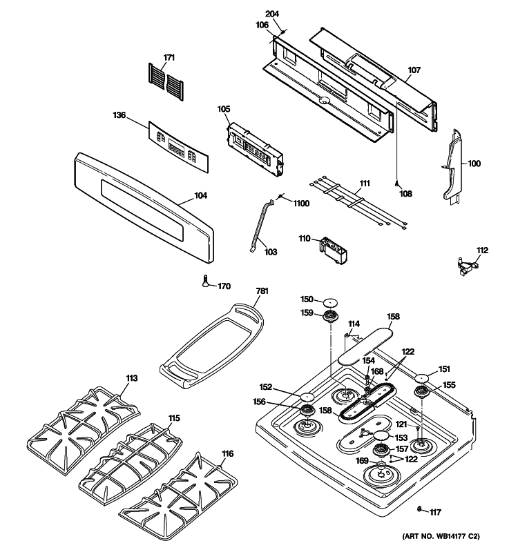 CONTROL PANEL & COOKTOP Diagram and Parts List for PGB916DEM4CC  General Electric Range