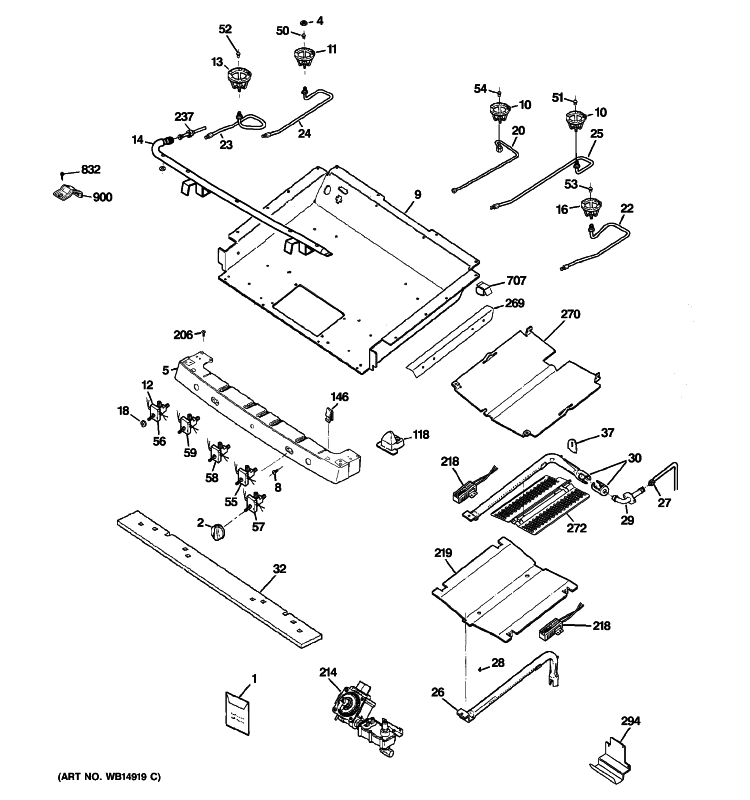 GAS & BURNER PARTS Diagram and Parts List for PGB916SEM4SS  General Electric Range
